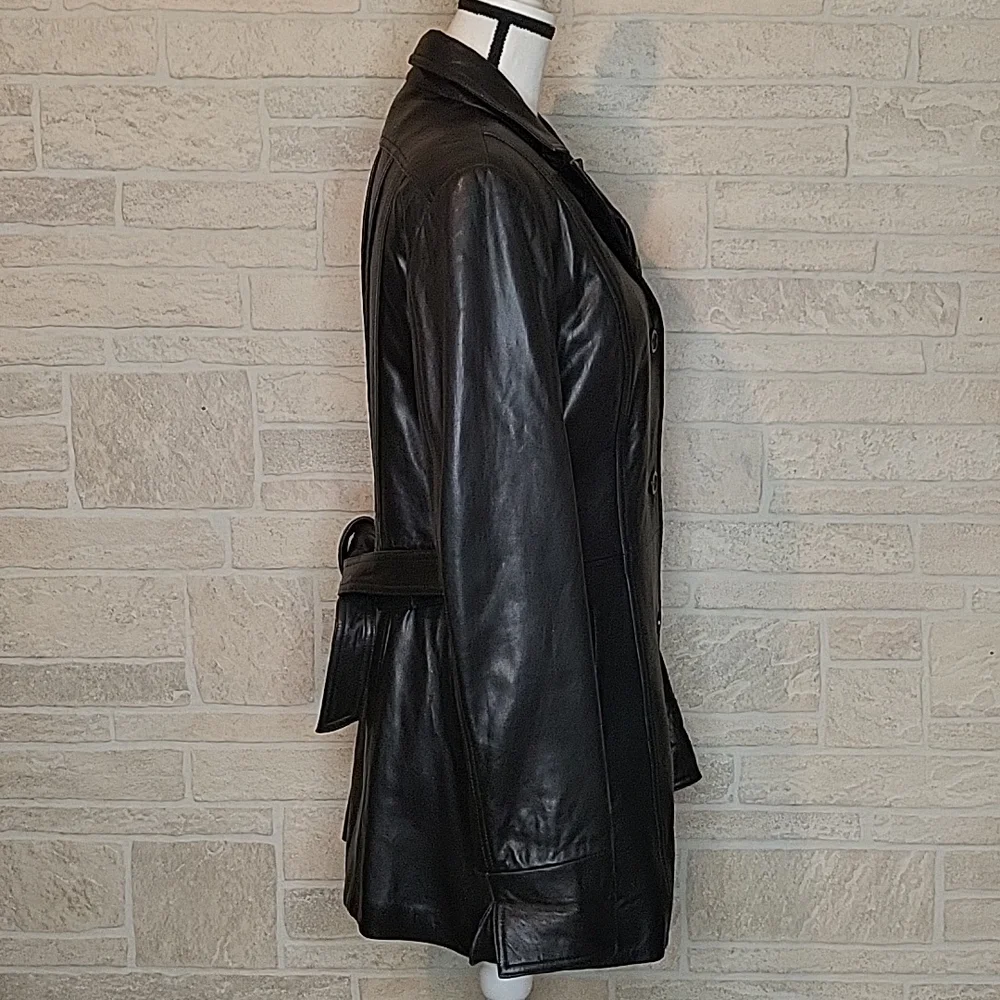 ROSLEEN Mid Length Soft Leather Jacket Belted Buttons - Picture 4 of 15